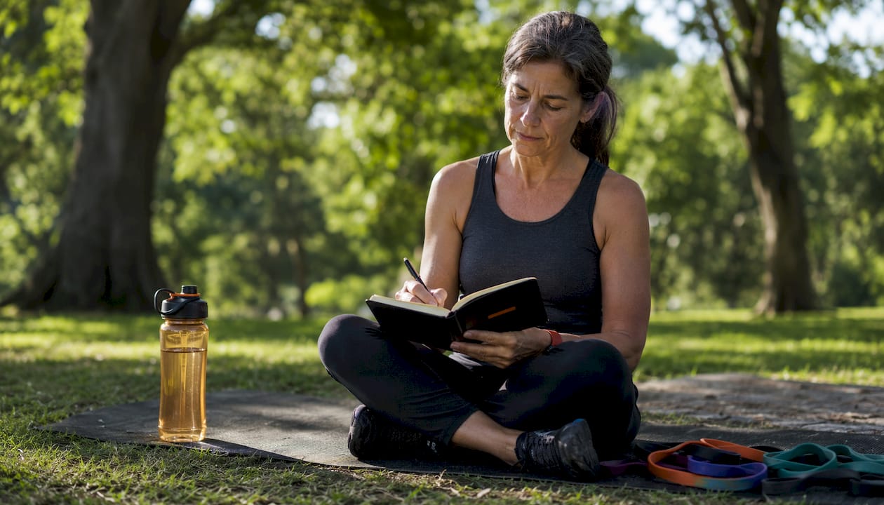 Woman logging workout data in gym